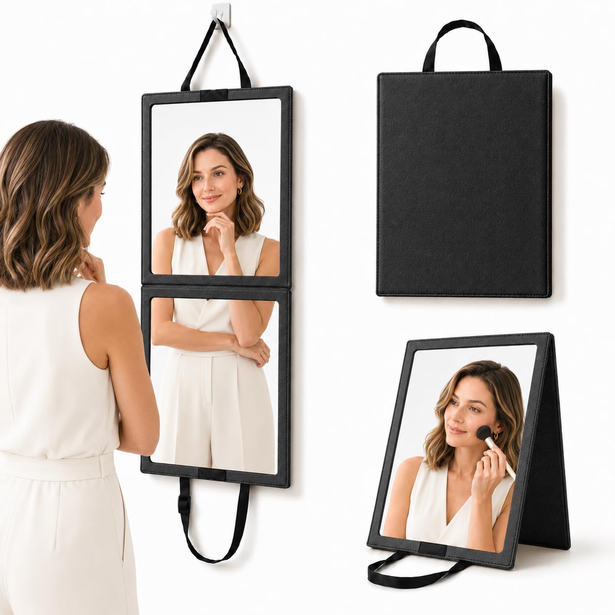 Adzyz Foldable Portable Full Length Mirror, 33x13 Inch Hanging Shatterproof Travel Mirror for Camping, Travel, Dancers - Black Hanging Folding Dance Mirror