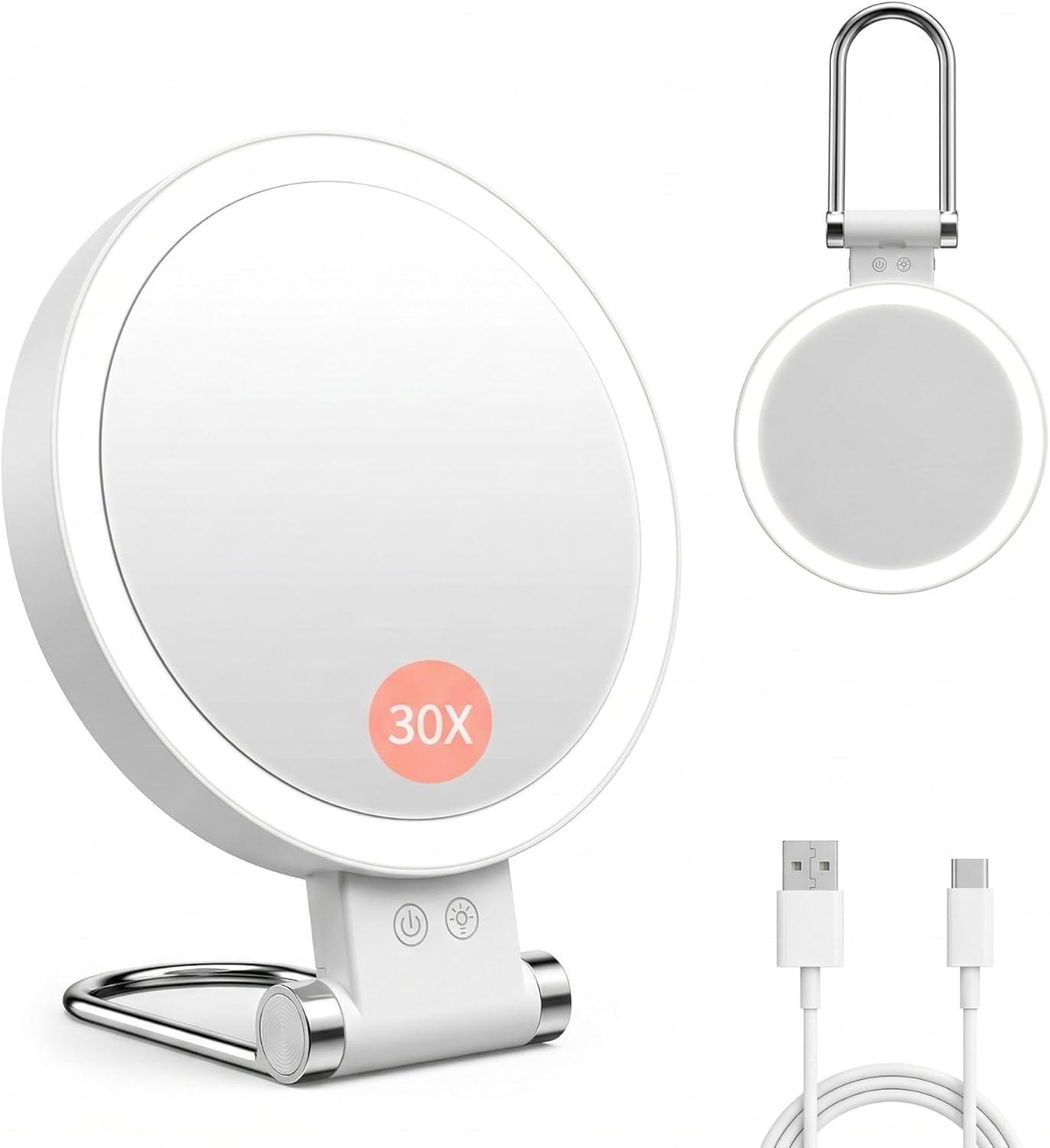 Makeup Mirror with Lights - 1X/30X Magnifying Double-Sided | Adjustable 3 Color Light, Rechargeable 2000mAh