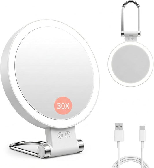 Makeup Mirror with Lights - 1X/30X Magnifying Double-Sided | Adjustable 3 Color Light, Rechargeable 2000mAh