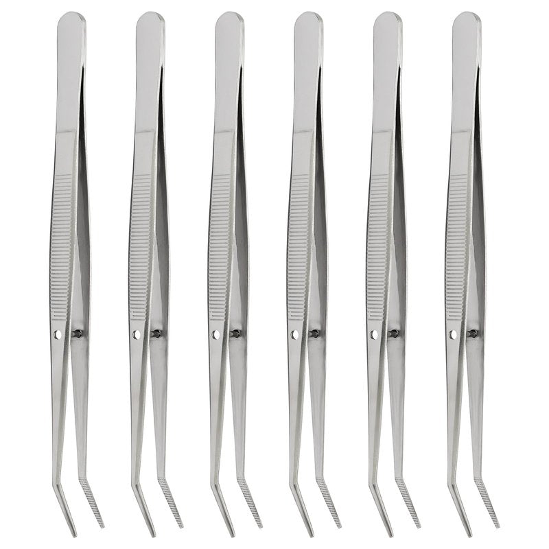 PHITUODA 6 Pcs Stainless Steel Tweezers, 6" Sewing Tweezers with Curved Serrated Tip for Crafting, Multipurpose Curved Tip Forceps for Jewelry Making, Eyelash Extension, Precision Grip (Silver)