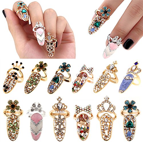 12 Pcs Adjustable Rhinestone Bowknot Nail Rings Set - CoscosX