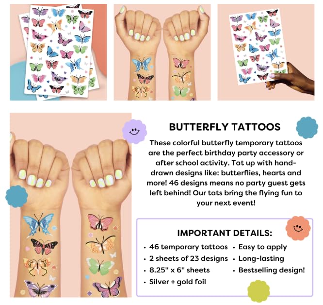 Rainbow Butterfly Temporary Tattoos - 46 Glitter Designs for Parties