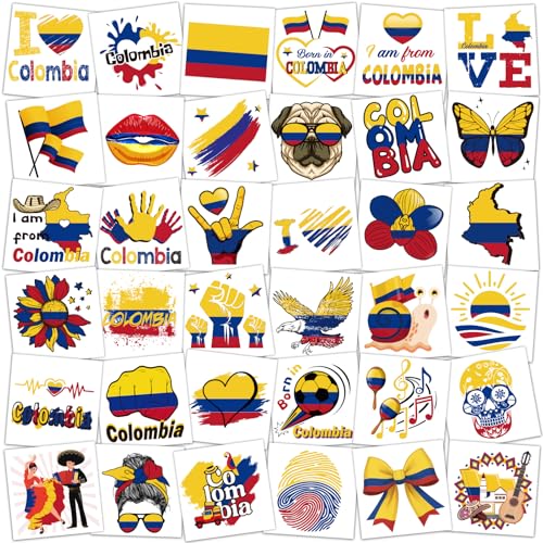 Colombia Flag Temporary Tattoos - 72 pcs patriotic sticker set for Independence Day, parties & celebrations