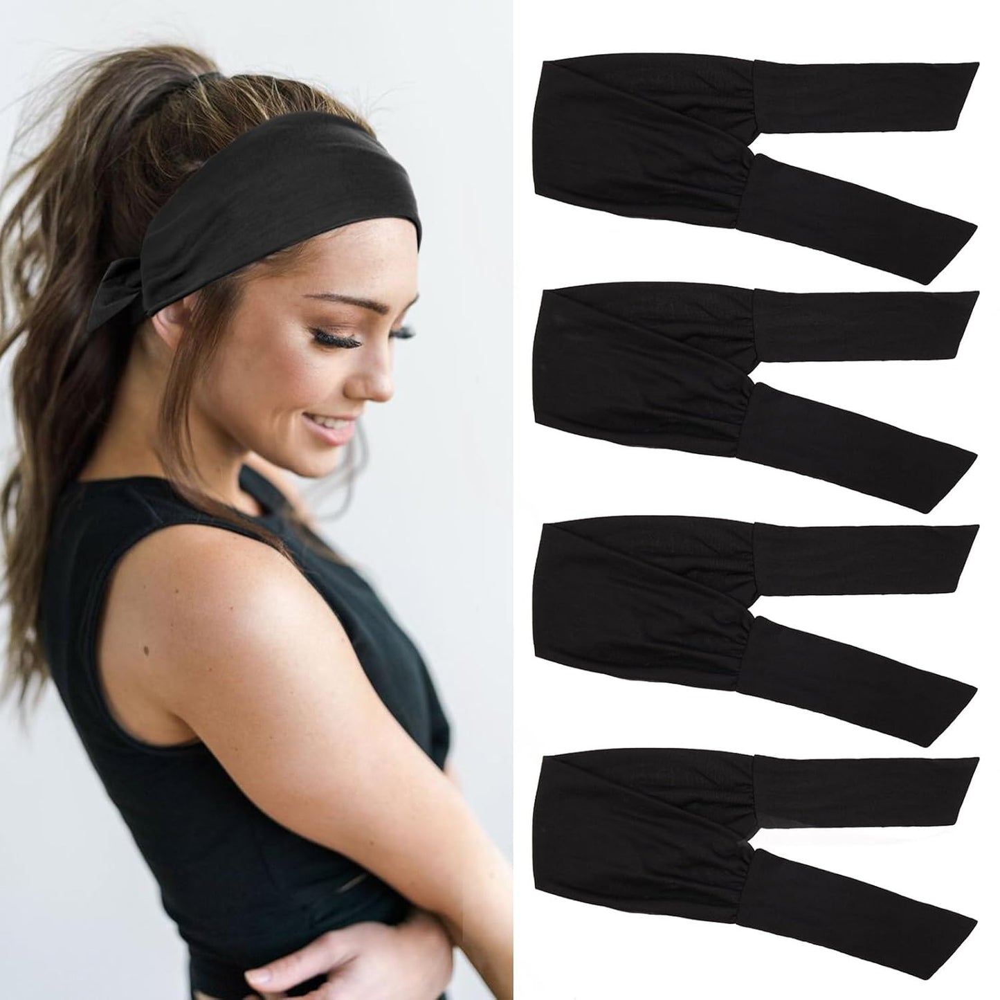 Adjustable Knotted Headbands for Women - 4 Pack Elastic Non-Slip Fashion Hair Bands for Workout | Black