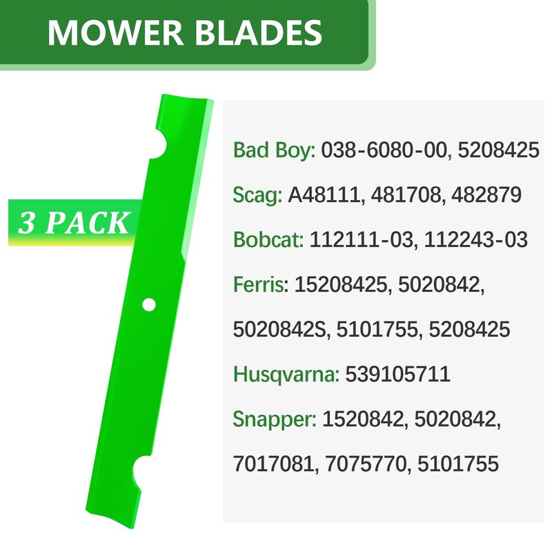 JYLEYJ 038-6080-00 482879 Blades Fit for 61 inch Bad Boy Outlaw XP Extreme Scag Freedom Z Tiger Cat Mower Deck Replace 48111 481708 5208425 Notched High Lift (3 Pack)