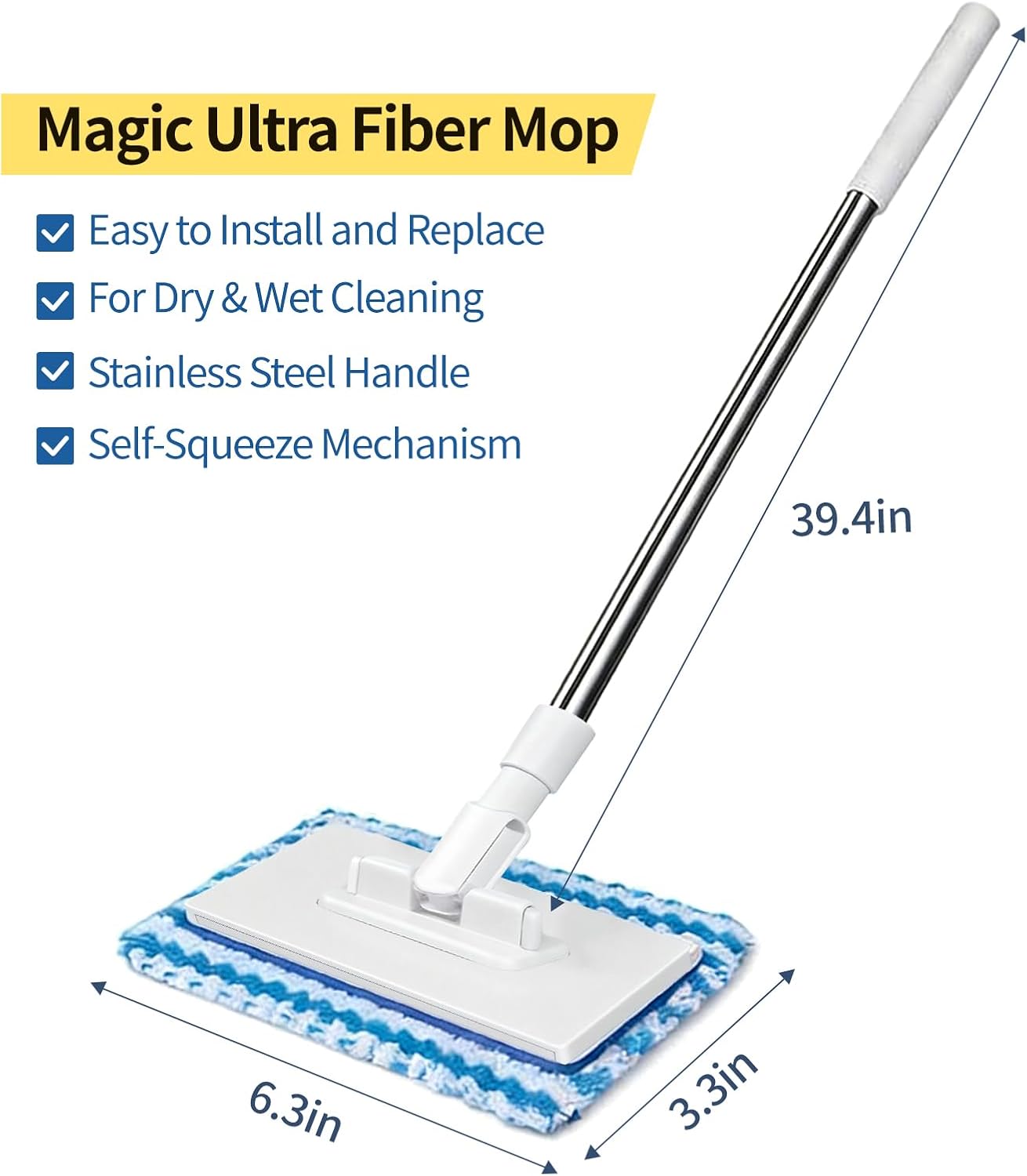Hands-Free Flat Mop - Automatic Gripping & Self-Squeeze | Easy Cleaning Set with 5 Reusable Cloths