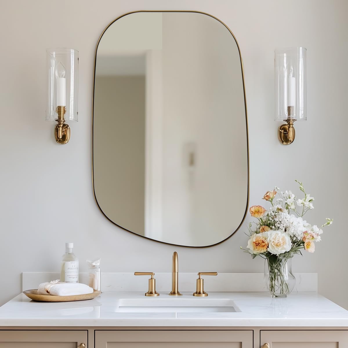 Chrome Asymmetrical Wall Mirror - Unique 24"x32" Irregular Design with SUS304 Stainless Steel Frame for Bathroom, Bedroom, Entryway