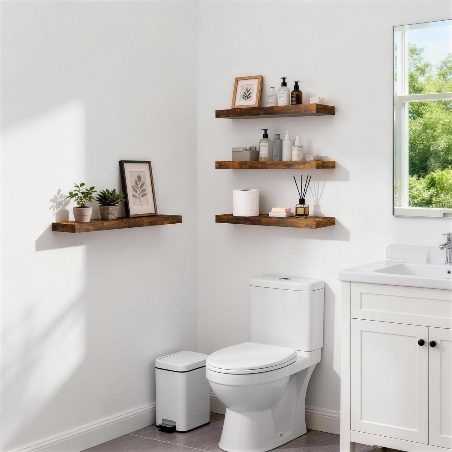 Floating Shelves Set of 2 - Rustic Wood Wall Mounted | 22.5 Inches for Bathroom, Bedroom, Living Room, Kitchen - 22lbs Capacity, Rustic Brown