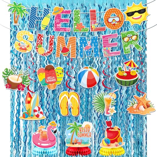 Hello Summer Party Decorations Set - Beach Theme Decor with Banners, Swirls & Fringe Curtains