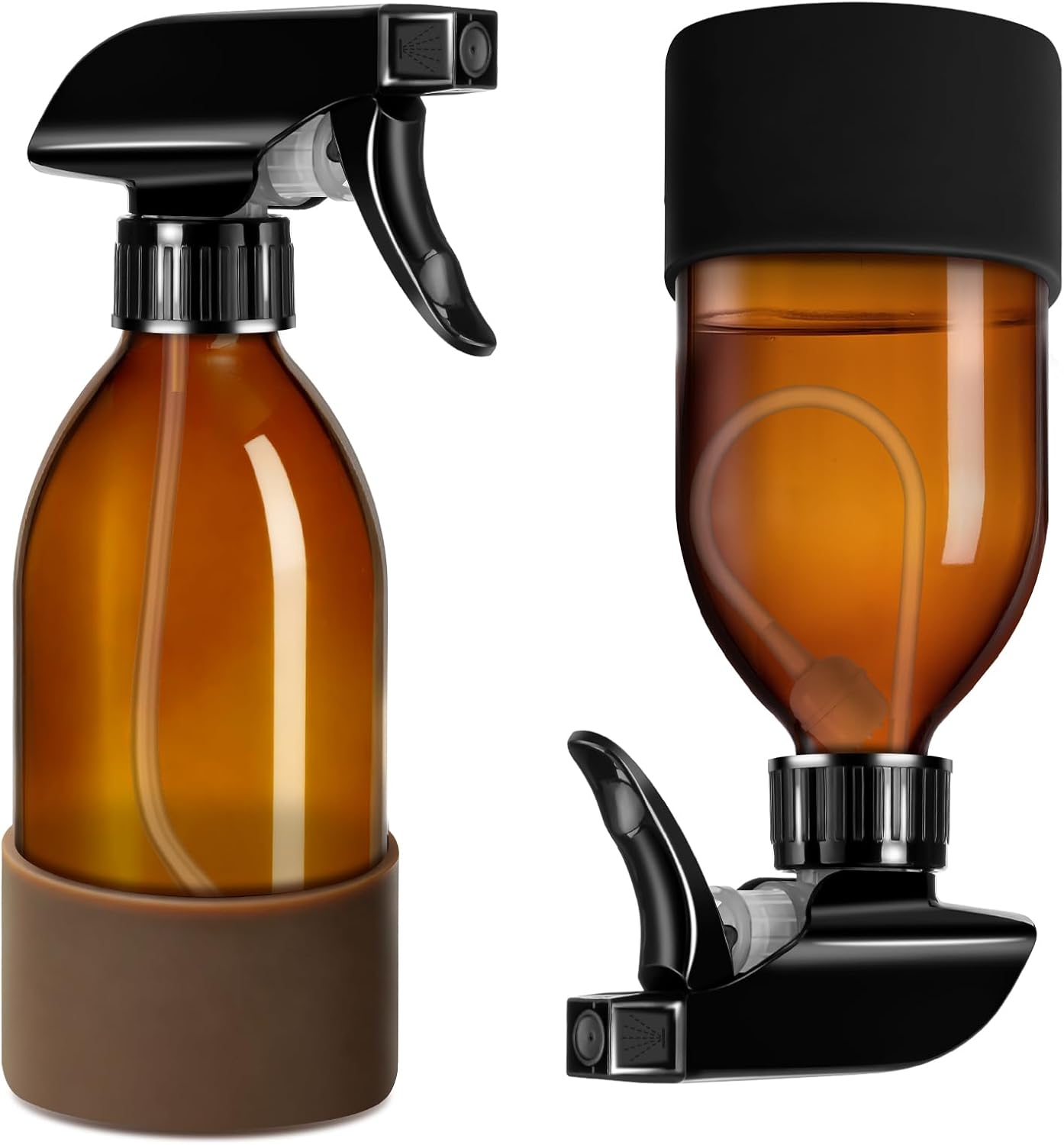 **360° Amber Glass Spray Bottles - 16 oz Refillable Containers with Adjustable Nozzles | 2 Pack in Black & Brown**