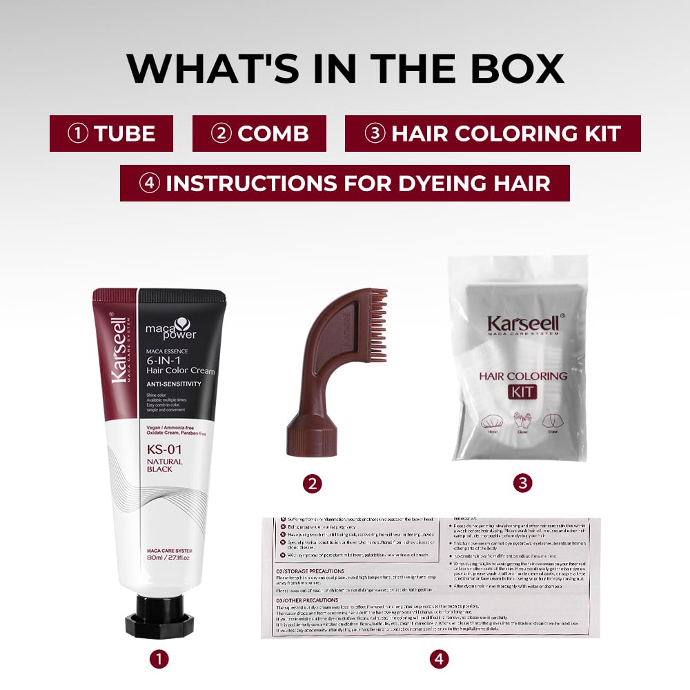Black Hair Dye with Comb Applicator - Ammonia-Free Maca Essence for 100% Gray Coverage | 80ml