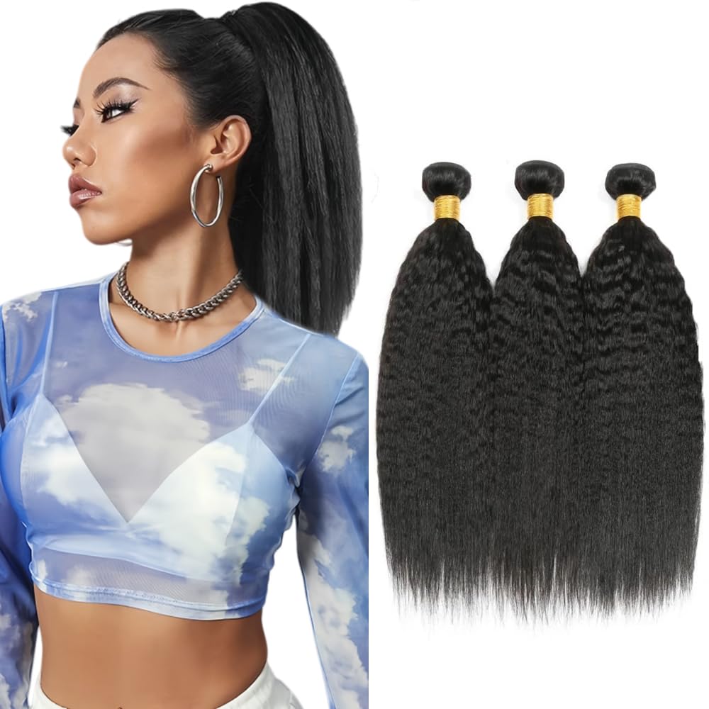 24 26 28 Inch #1B Yaki Straight Human Hair Bundles Natural Black Bundle Yaki Human Hair Bundles Unprocessed Virgin #1B Bundle 150g