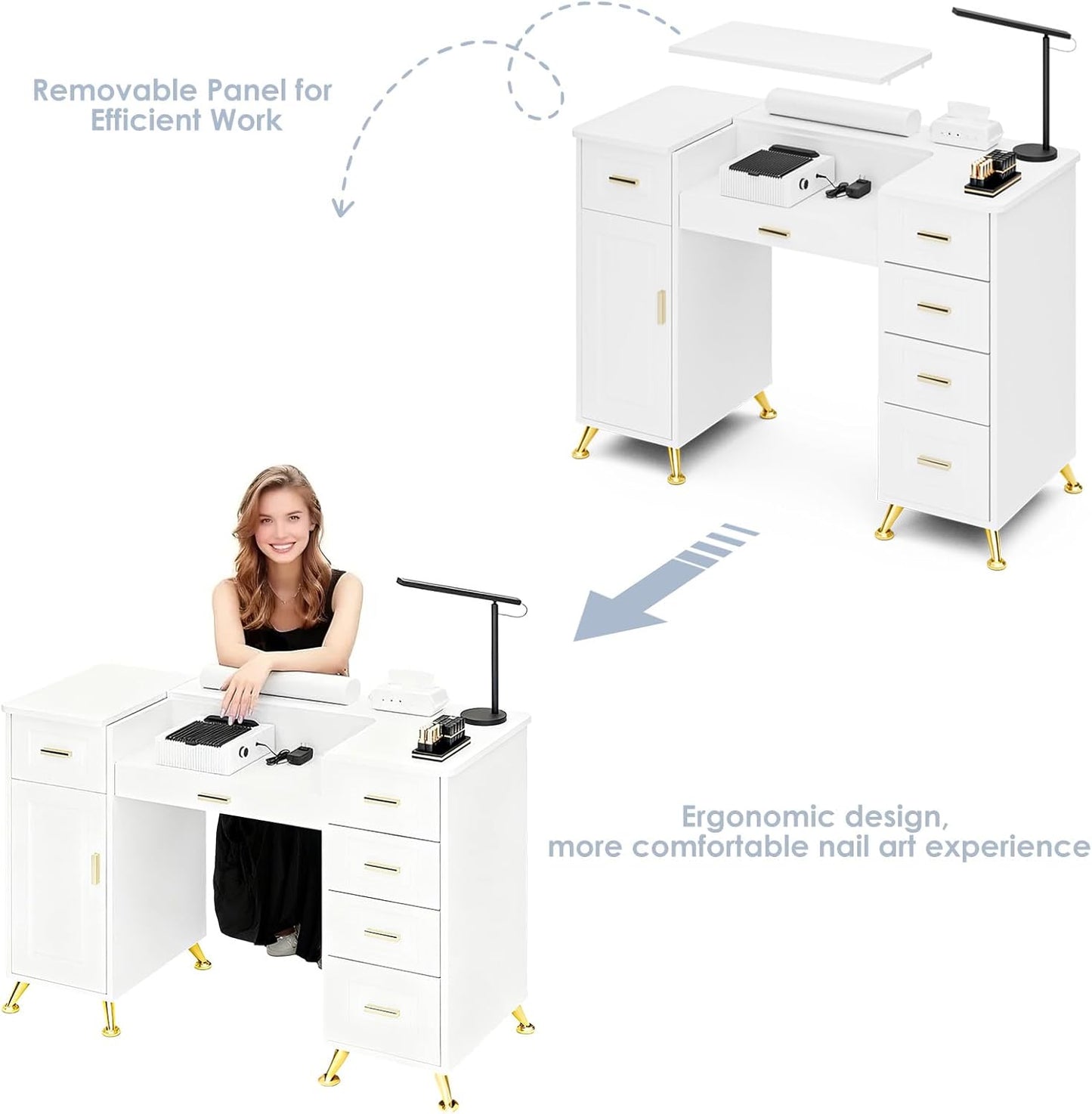 Manicure Table - Nail Tech Desk with Dust Collector & Storage | White Removable Panel Design for Salon or Home Studio