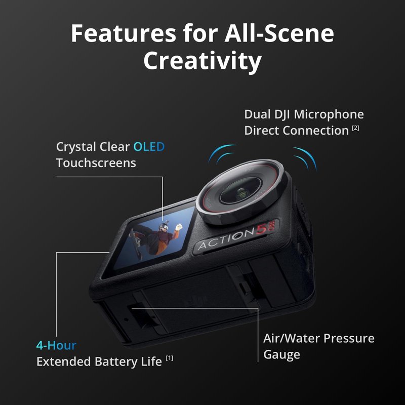 DJI Osmo Action 5 Pro Essential Combo, Waterproof Action Camera with 1/1.3" Sensor, 4K/120fps Video, Subject Tracking, Stabilization, Dual OLED Touchscreens, 47GB Built-in Storage, Vlogging Camera
