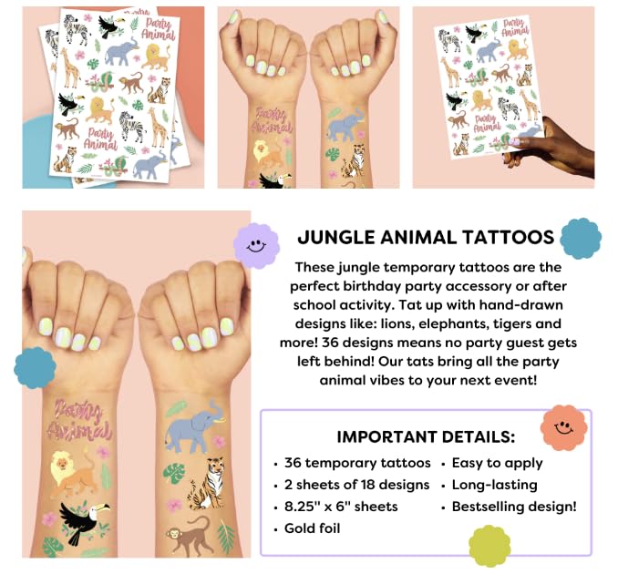Jungle Temporary Tattoos - 36 Wild Animal Designs for Birthday Parties & Baby Showers | Elephant, Giraffe, Tiger