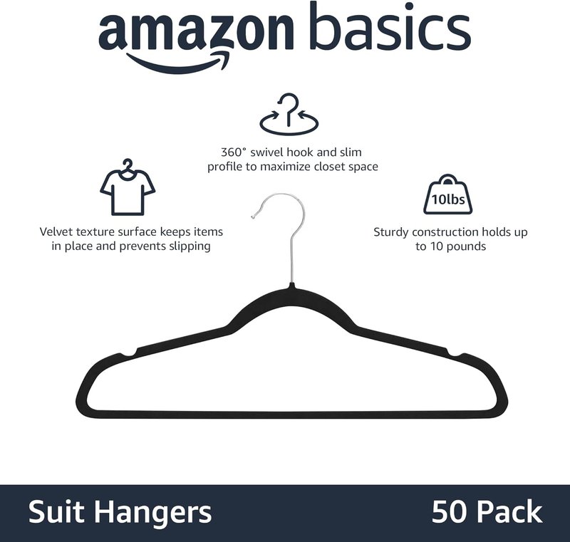Space Saving Velvet Non-Slip Suit Hangers - 50-Pack Black Closet Organizer