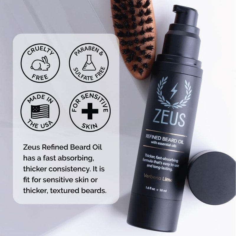 ZEUS Refined Beard Oil, Long Lasting, Thick & Fast Absorbing Oil, Leave In Beard Conditioner – MADE IN USA (Verbena Lime) 2 oz.