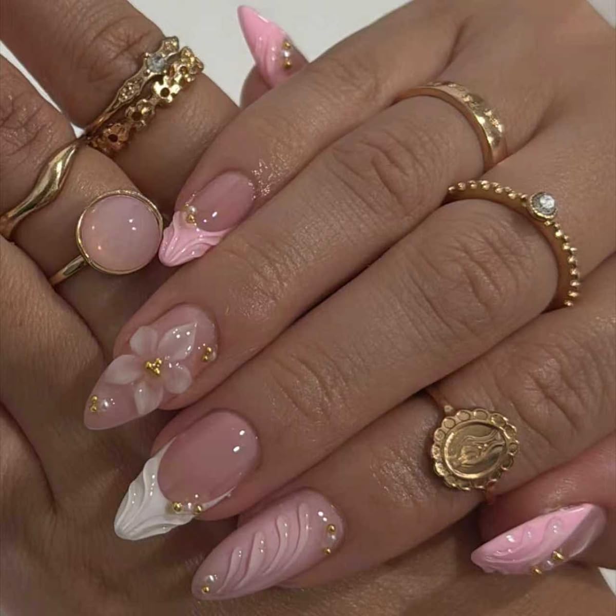 3D Pink Press-On Nails - Almond Medium False Nails with White French Tips & Gold Bead Flower Rhinestones | Cute Acrylic Nail Art for Spring