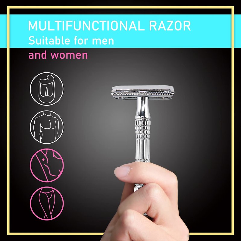 BAILI Classic 3-Piece Double Edge Safety Razor Wet Shaving for Men Women with Platinum Blade and Mirrored Travel Case BD176