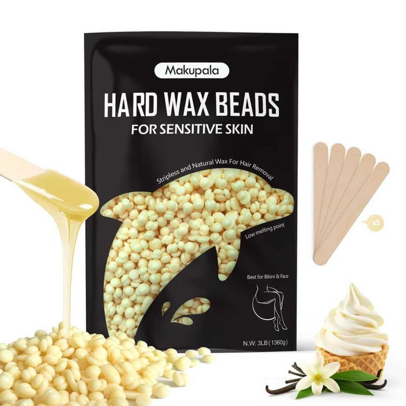 Vanilla Cream Hard Wax Beads 3lb, Gentle Creamy Brazilian Stripless Wax for Sensitive Skin, Low Temp Hair Removal Wax for Face, Bikini, Underarms & Full Body, Resealable Bag with 5 Sticks