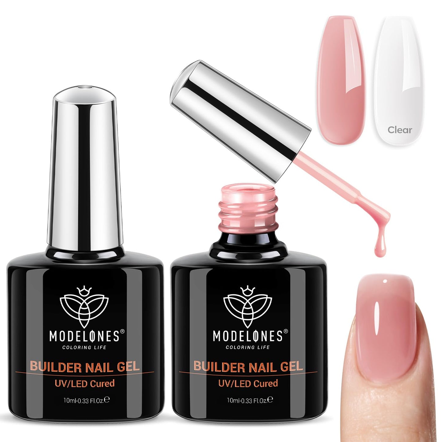Modelones Builder Rubber Gel Base Coat - Nude Pink Glitter Nail Polish for Strengthening and Apex Building | Long-Lasting UV Manicure