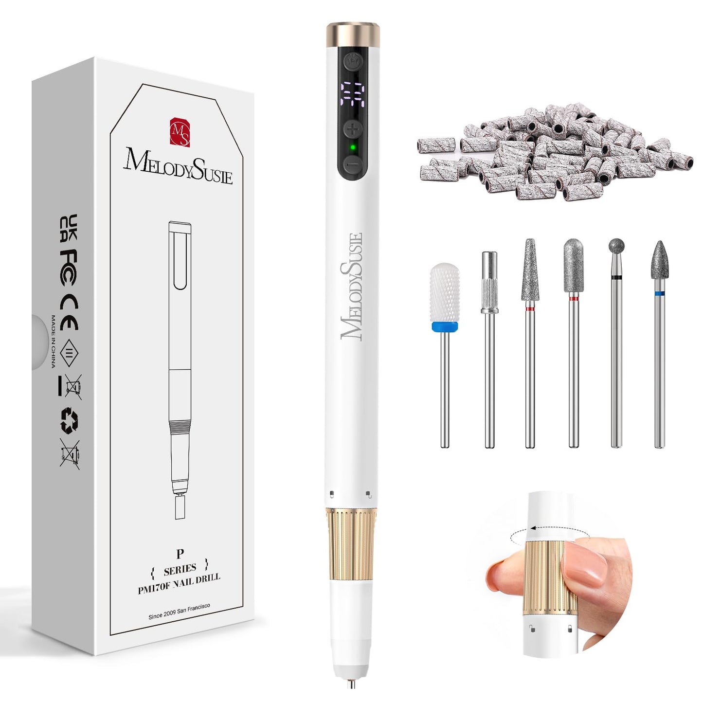 MelodySusie Pen-Shaped Ultra-Slim Cordless Nail Drill,PM180G 30000RPM Portable Rechargeable Electric File with Rotary Lock Design for All Manicure,Shaping & Acrylic Gel Removal for Advanced Home Use