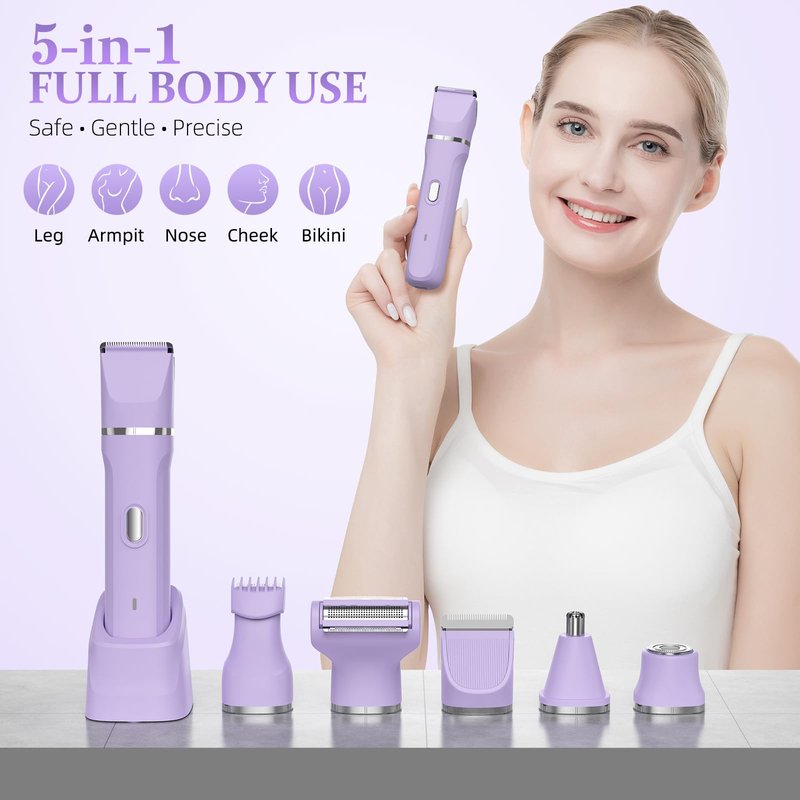 HOHOLE 5-in-1 Bikini Trimmer for Women, IPX7 Waterproof Electric Razors Shaver, Cordless Body Hair Trimmer, Facial & Pubic Hair Removal, Ceramic Blade (Purple)