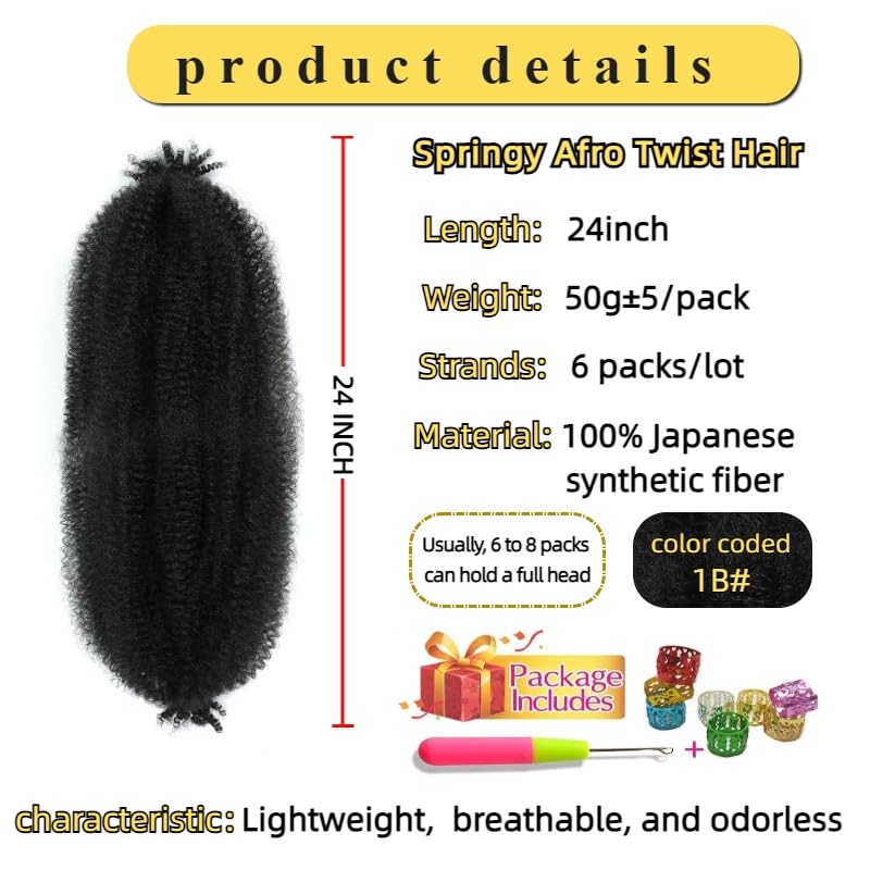 24 Inch Afro Spring Twist Hair Extensions - 6 Pack Pre-Separated Synthetic