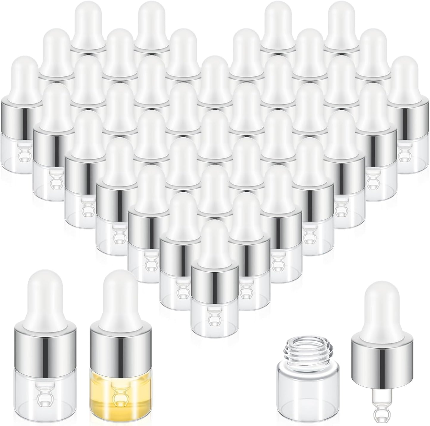 Mini Glass Oil Dropper Bottles - 100 Pcs 1 ml Clear Essential Sample Containers | Travel-Friendly Perfume Vials with Caps