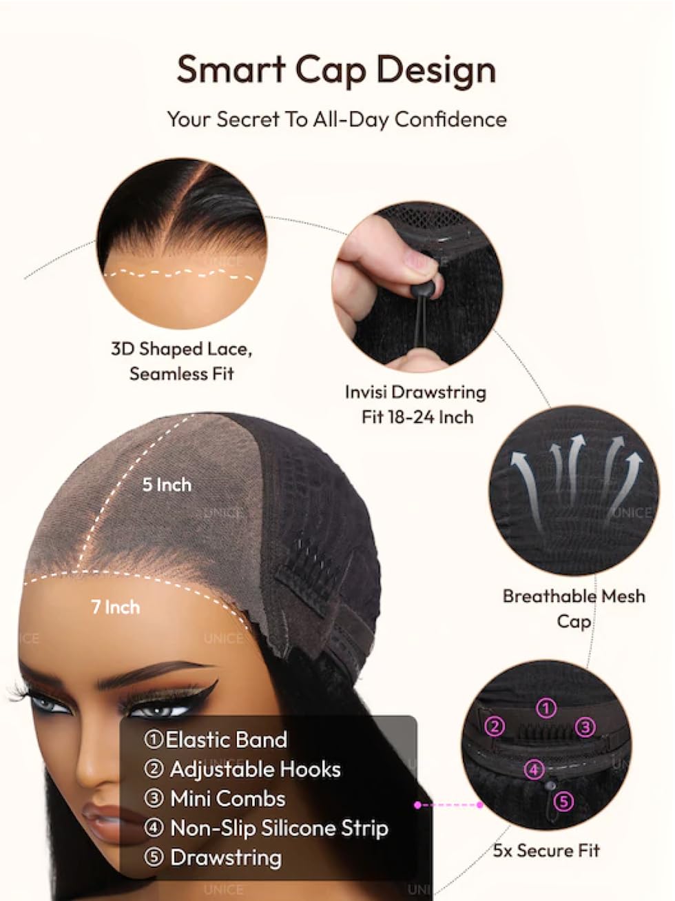 UNICE Chestnut Brown Ombre Yaki Straight 7x5 Pre Cut HD Lace Front Wigs Human Hair with Drawstring Bye Bye Knots Glueless Wig Pre Plucked Bleached Knots Natural Hairline 150% Density 20 inch