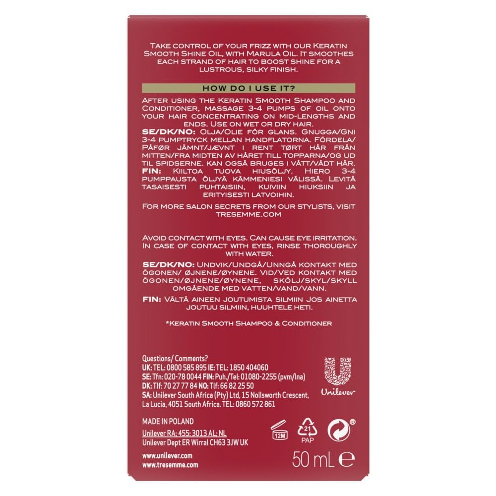 TRESemmé Pro Collection Keratin Smooth Shine Oil with keratin and marula oil for soft, shiny, frizz-free hair 50 ml