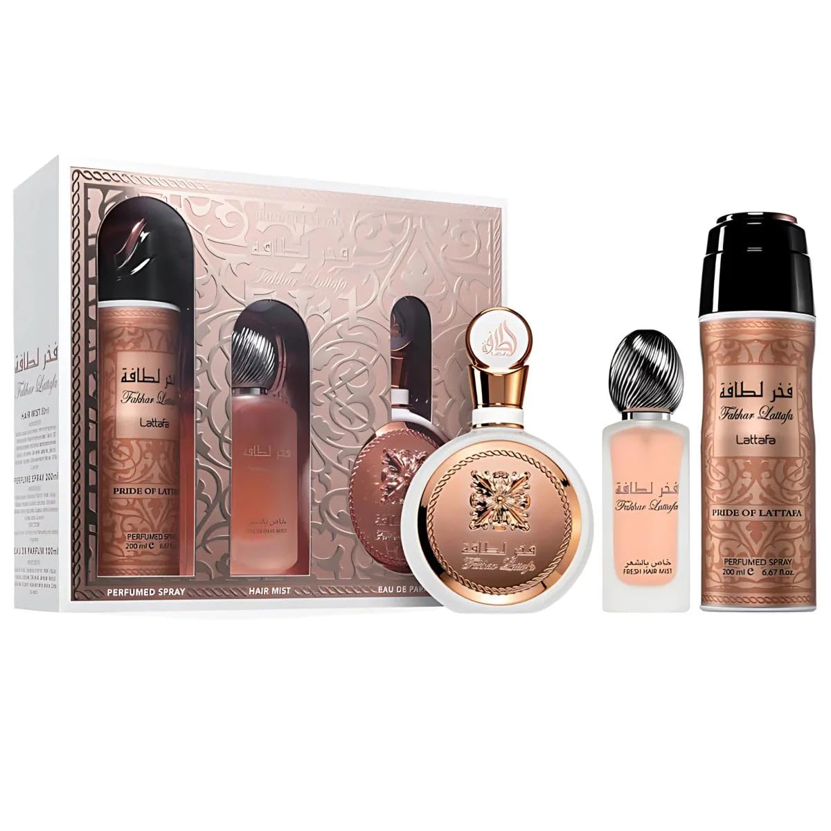 Lattafa Fakhar for Women - 3 Piece Fragrance Set | Eau de Parfum, Hair Mist & Deodorant Spray (3.4 Oz, 1.7 Oz, 6.7 Oz)