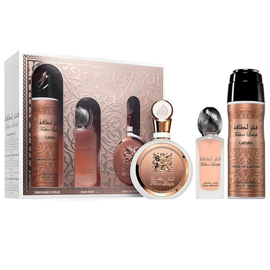 Lattafa Fakhar for Women - 3 Piece Fragrance Set | Eau de Parfum, Hair Mist & Deodorant Spray (3.4 Oz, 1.7 Oz, 6.7 Oz)