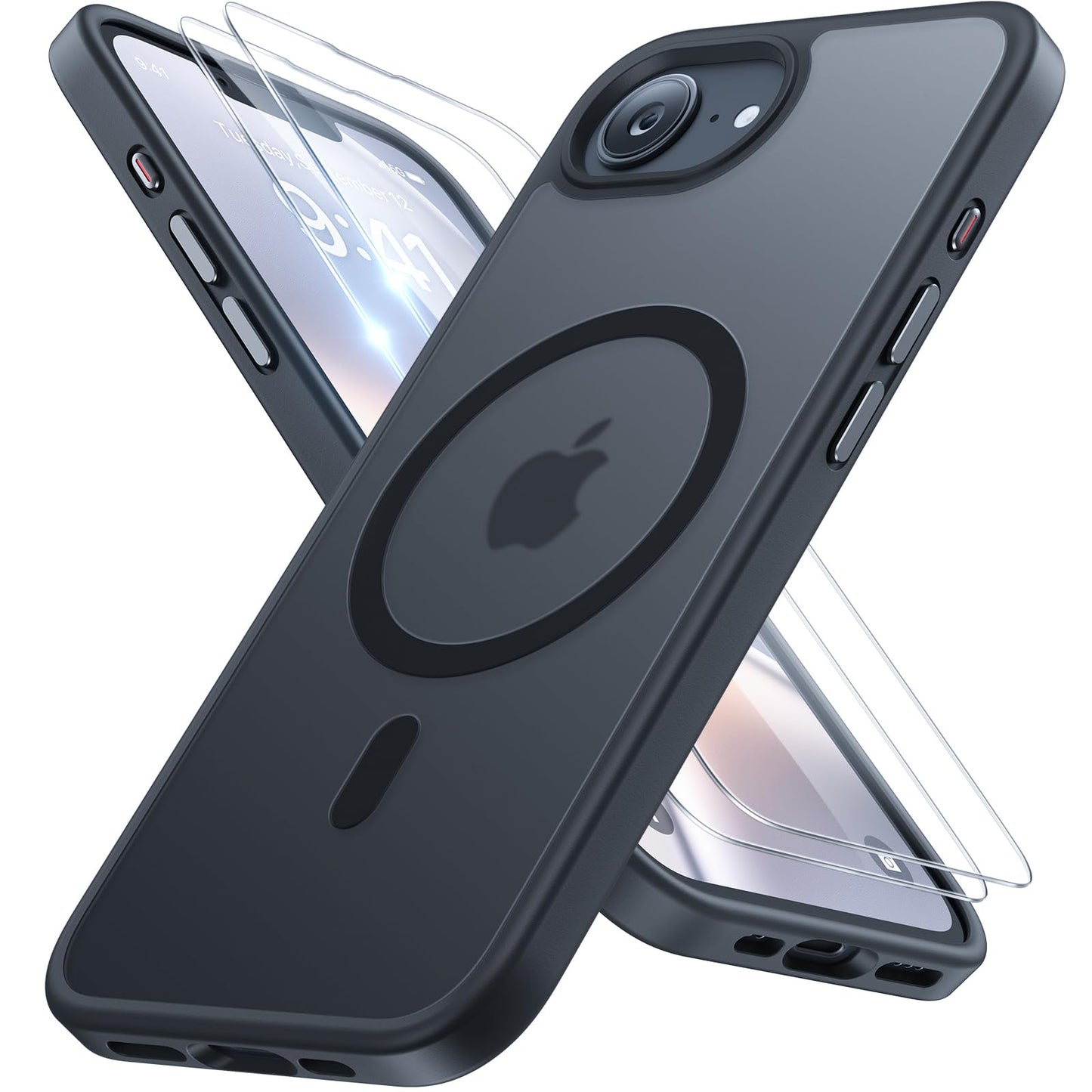 Miracase for iPhone 16e case & iPhone 17e Case for MagSafe [with 2×9H+ Screen Protectors] TOP Military-Grade Protection Shockproof with Velvet Touch for iPhone 16e/17e Phone Case 6.1", Matte Black