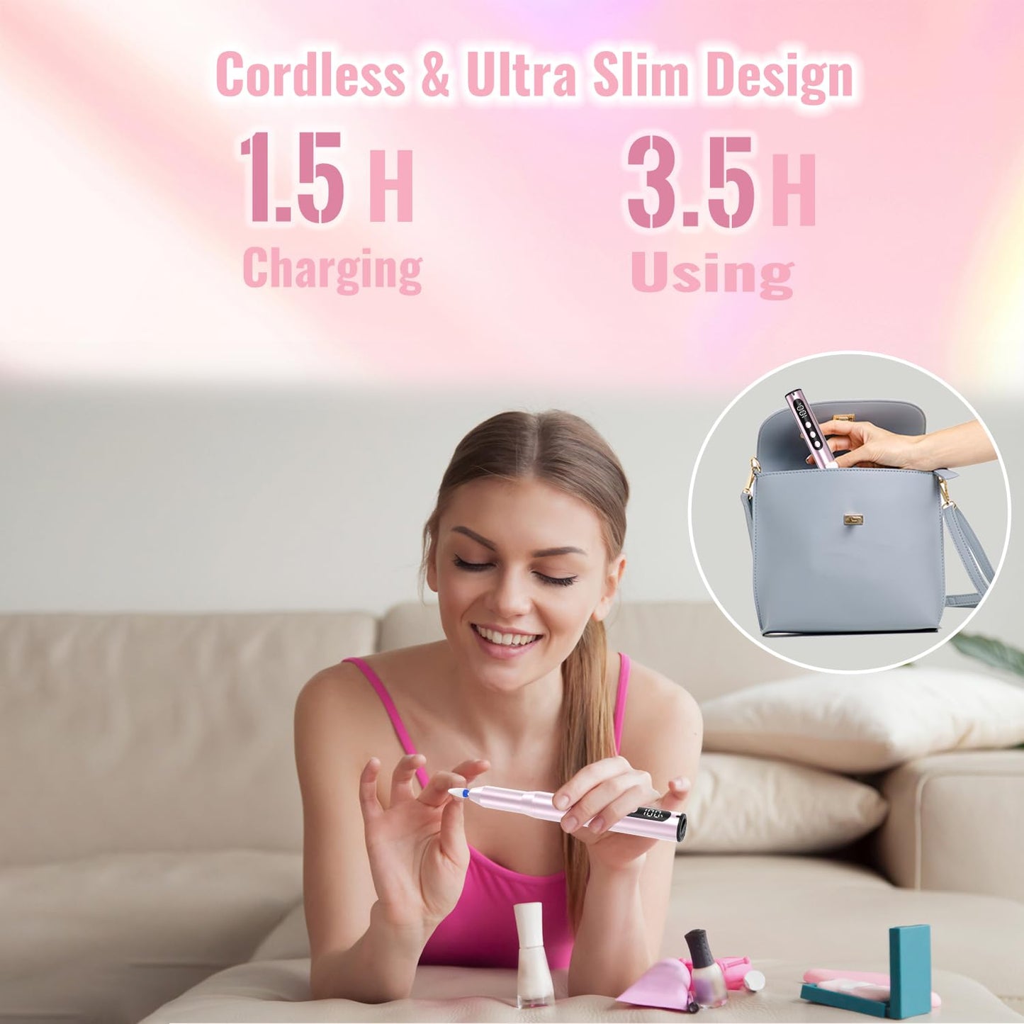 Electric Nail Drill - Cordless 35000RPM Portable Nail File with LCD Display | 12 Bits for Acrylic & Gel Nails, Pink Manicure Kit