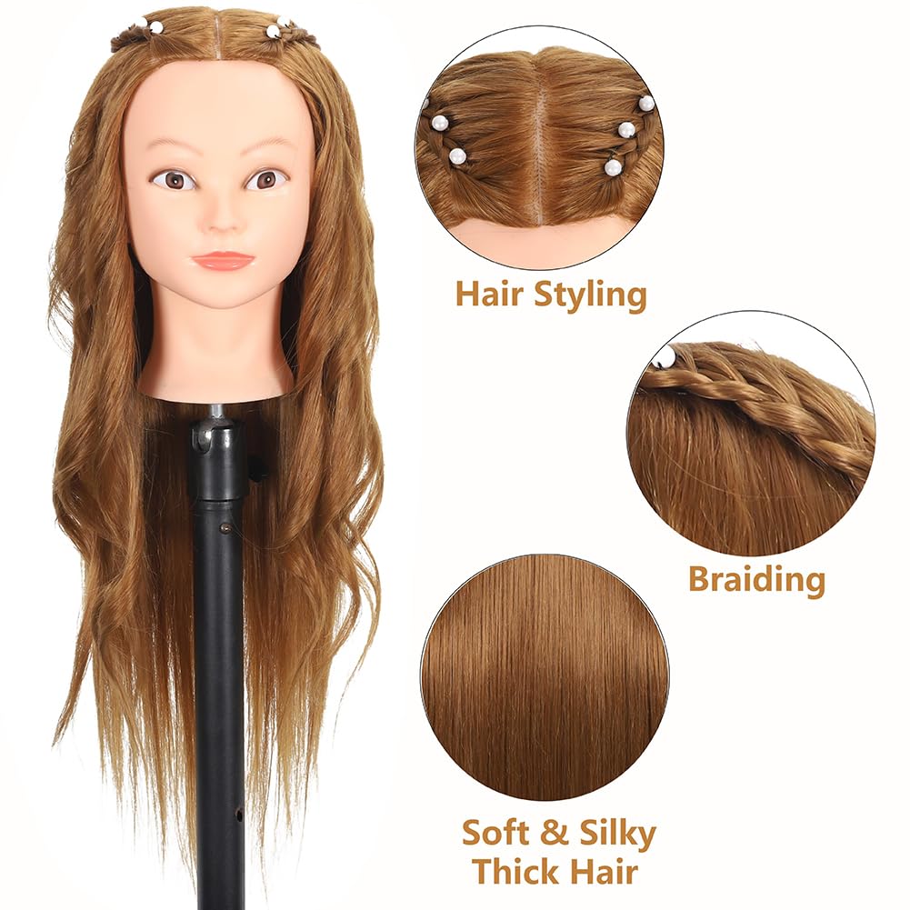 Mannequin Head - 80% Real Human Hair Cosmetology Practice Doll | 26"-28" Light Brown