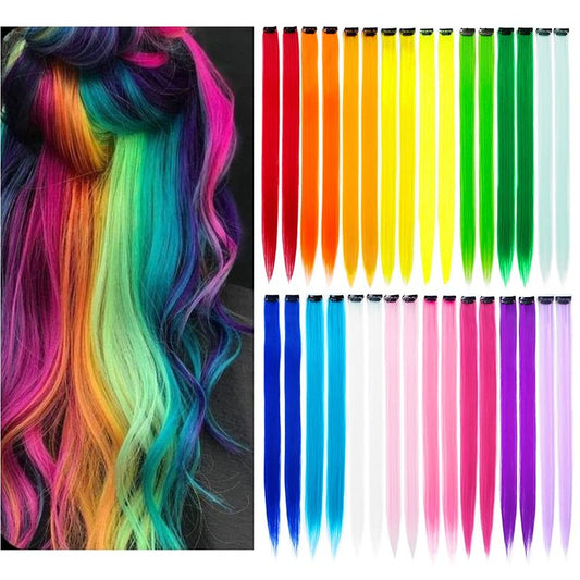 KGBFASS 32Packs Colored Hair Extensions 20Inch Straight Color Clip in on Hair Extension Rainbow Party Highlights Synthetic Hairpiece(16 colors)