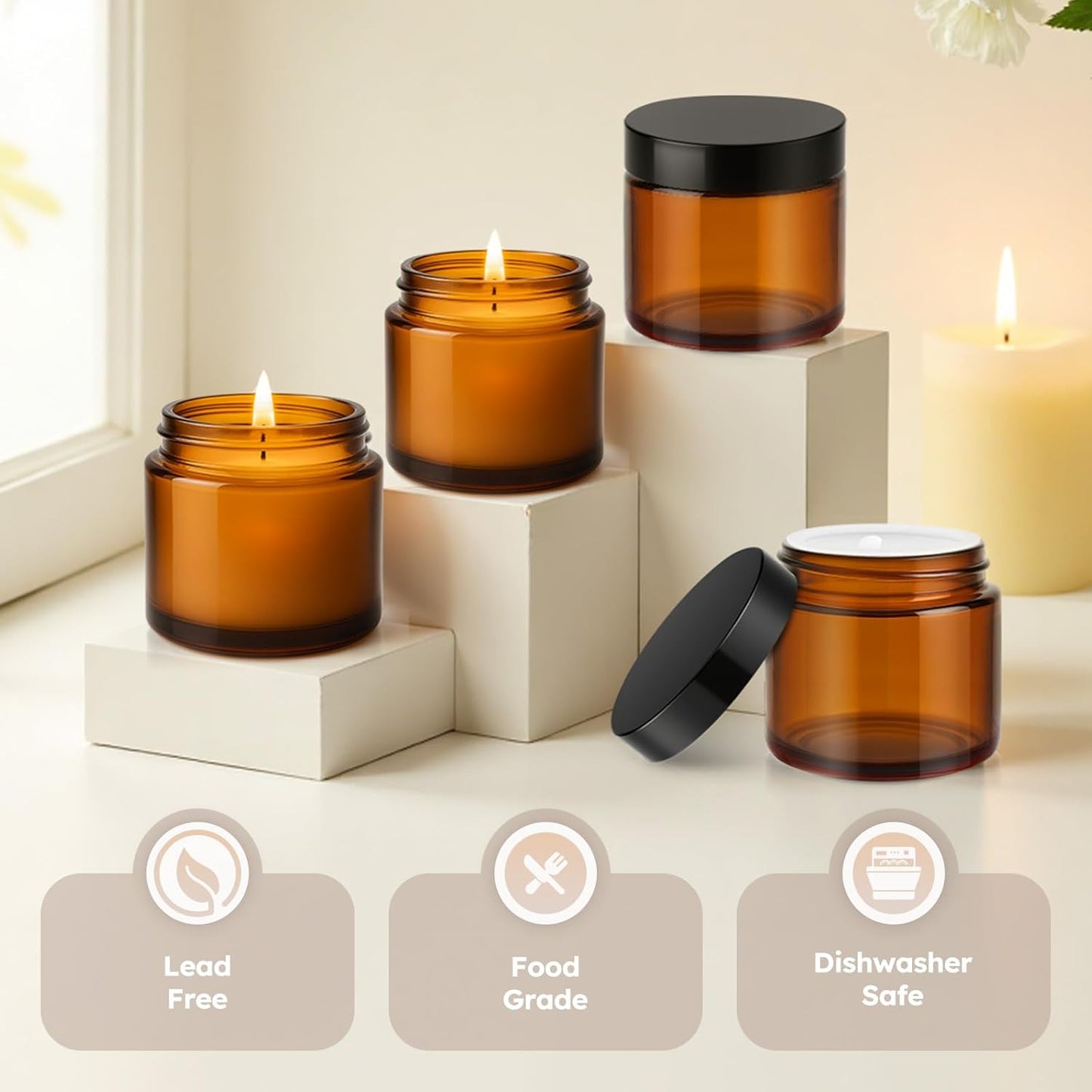 Amber Glass Jars - 2 oz Leakproof Containers with Black Lids | 36 Pack for Lotions, Powders & Candle Making