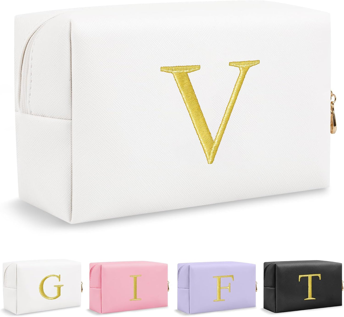 Personalized Initial Makeup Bag - Gold Embroidered Cosmetic Bag for Teens | Custom Travel Toiletry Bag (Black)