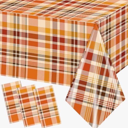 3-Pack Orange Plaid Fall Tablecloths - 54x108 Inches for Thanksgiving