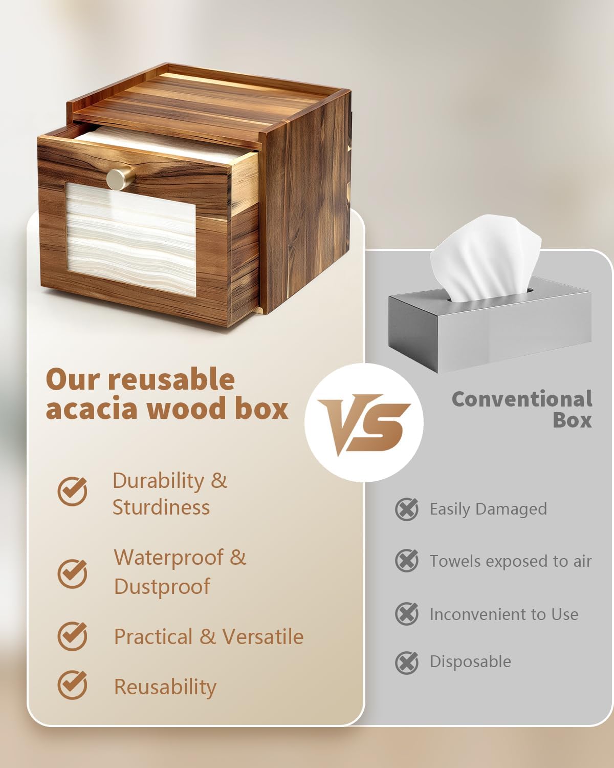 Disposable Face Towel Holder - Acacia Wood Storage Box for XL Towels | Bathroom Vanity Organizer & Wall Mount