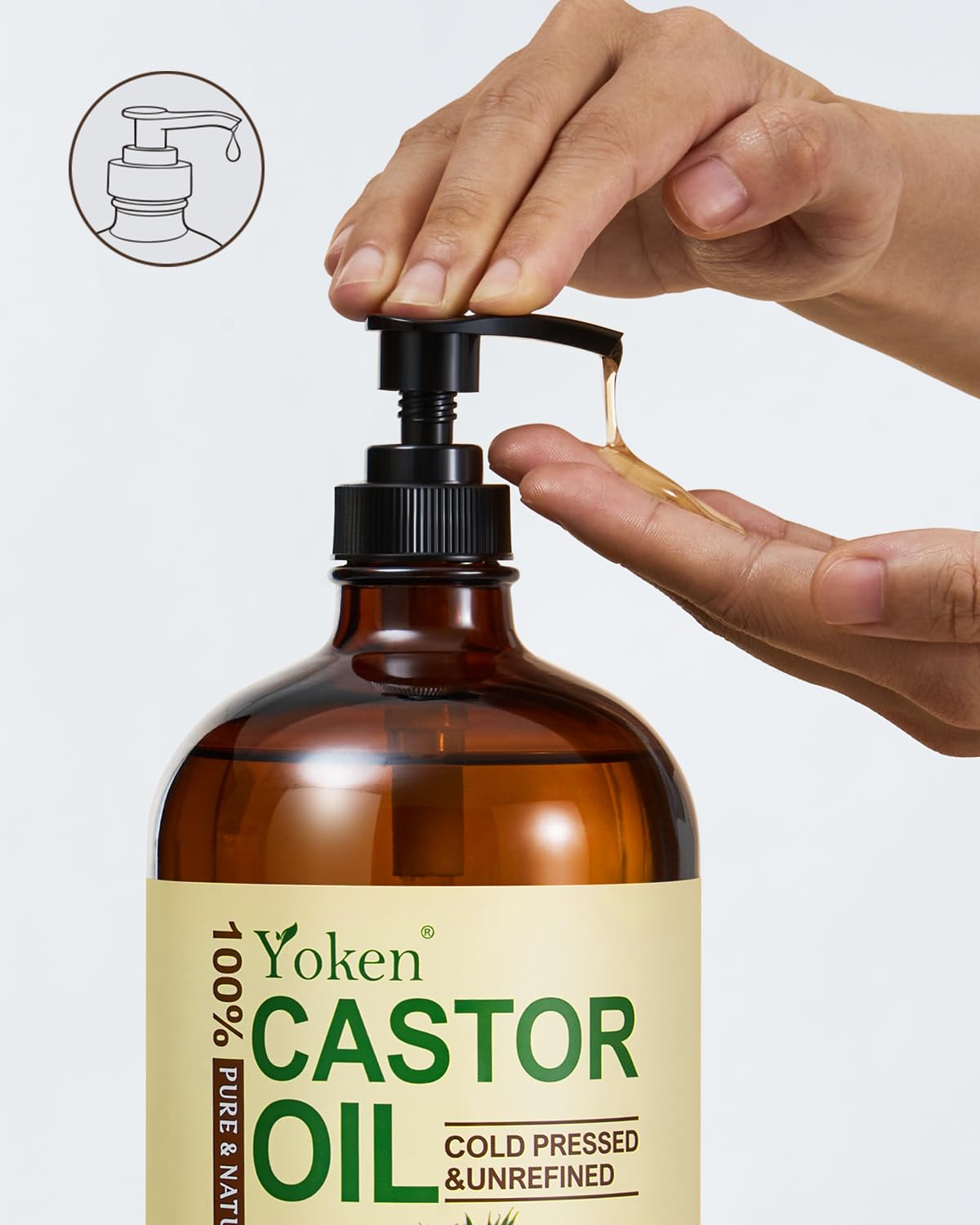 Yoken Castor Oil - 100% Pure Cold Pressed Hexane-Free Oil for Skin, Hair & Body | 32 fl oz Glass Bottle with Pump