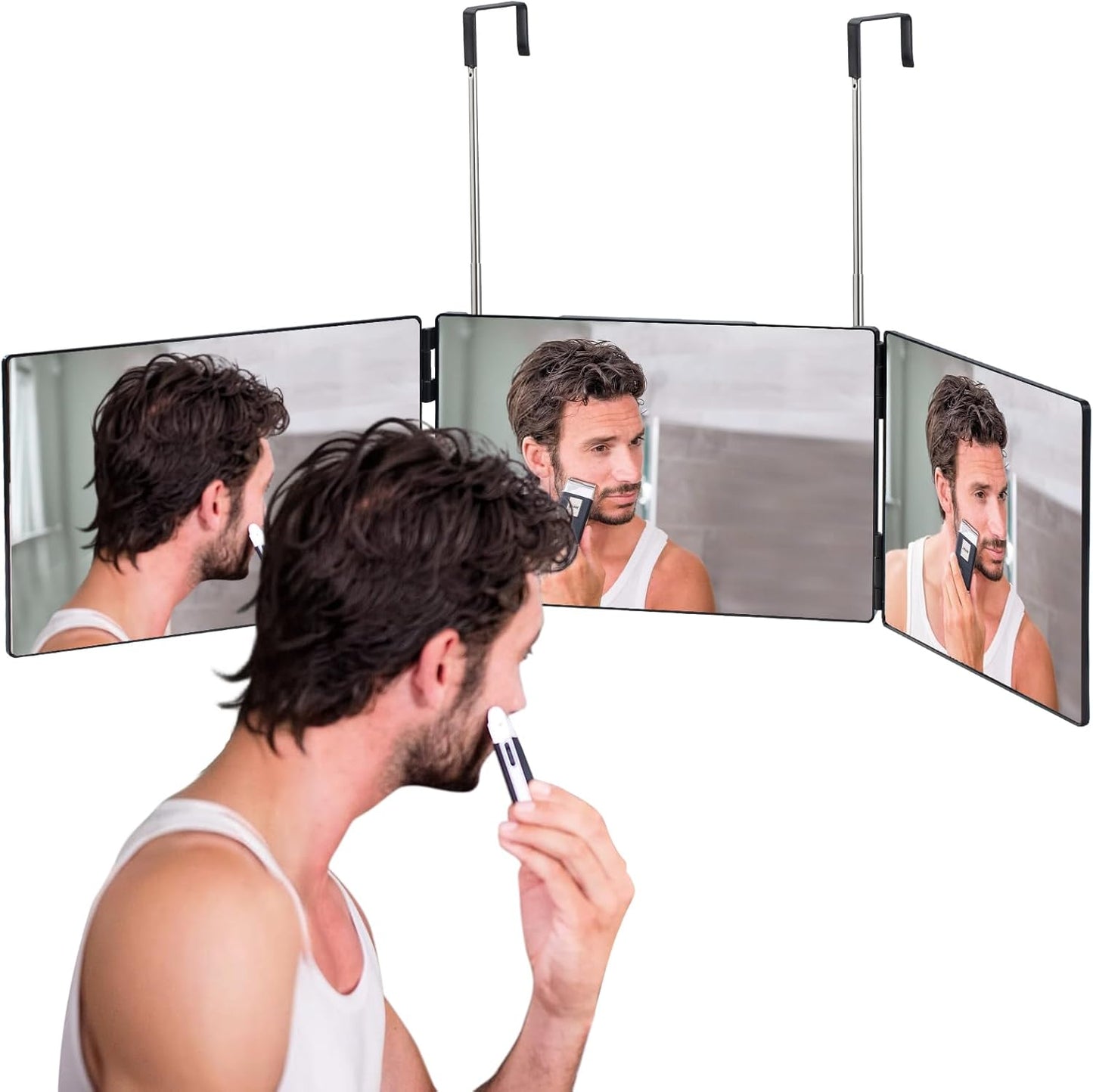 Tri-Fold 3-Way Mirror for Self Hair Cutting - 360° View, Height Adjustable, Anti-Fog HD Glass | Perfect for Shaving, Braiding, Travel