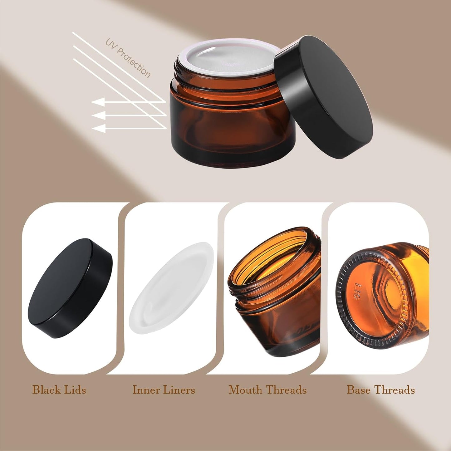 Amber Glass Jars - 45 Pack 2oz Small Lotion & Cosmetic Containers | Travel Jars with Lids & Mini Spoon