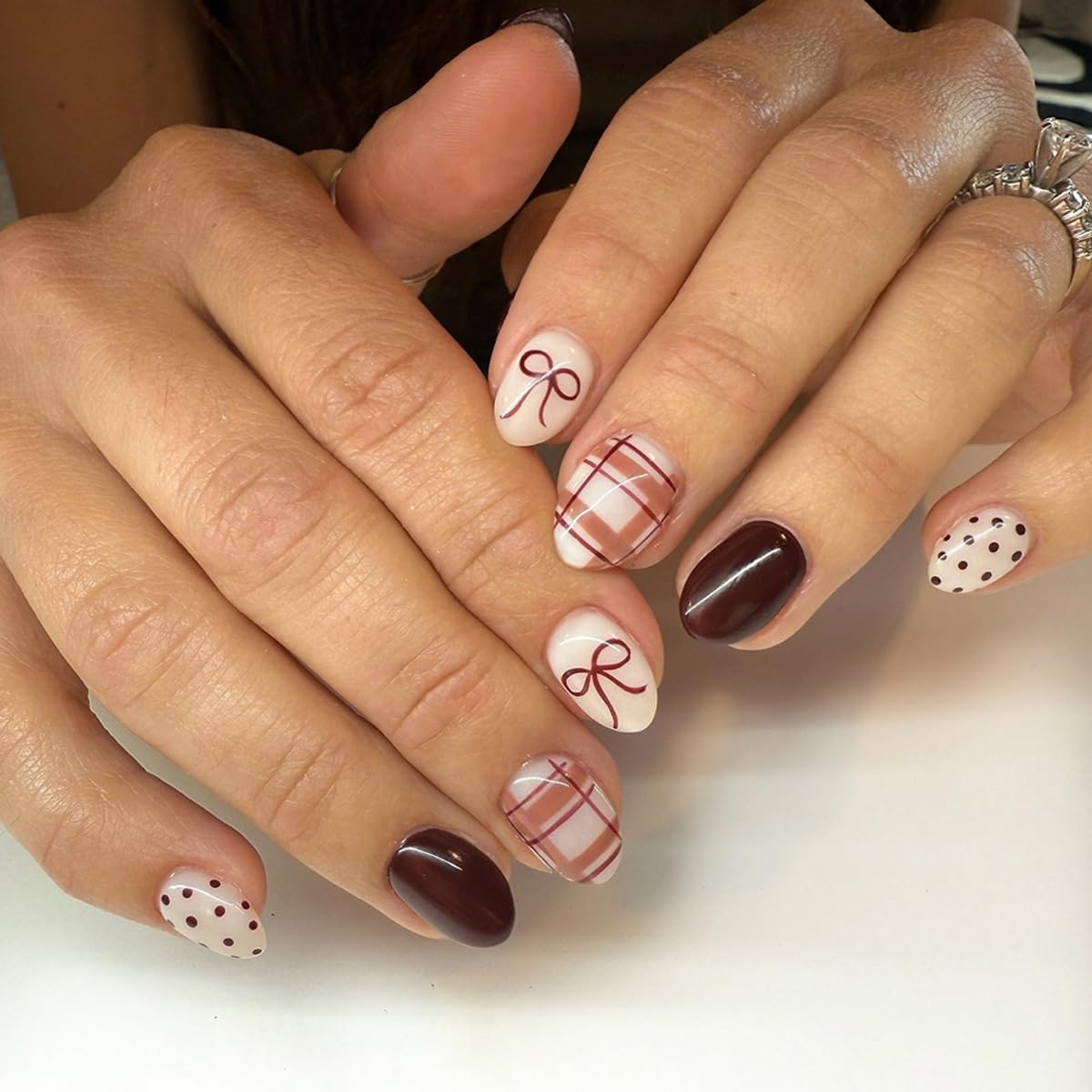 Polka Dot Press-On Nails - Short Almond Nude Chrome | Reusable Full Cover with Glazed Finish & White Dots