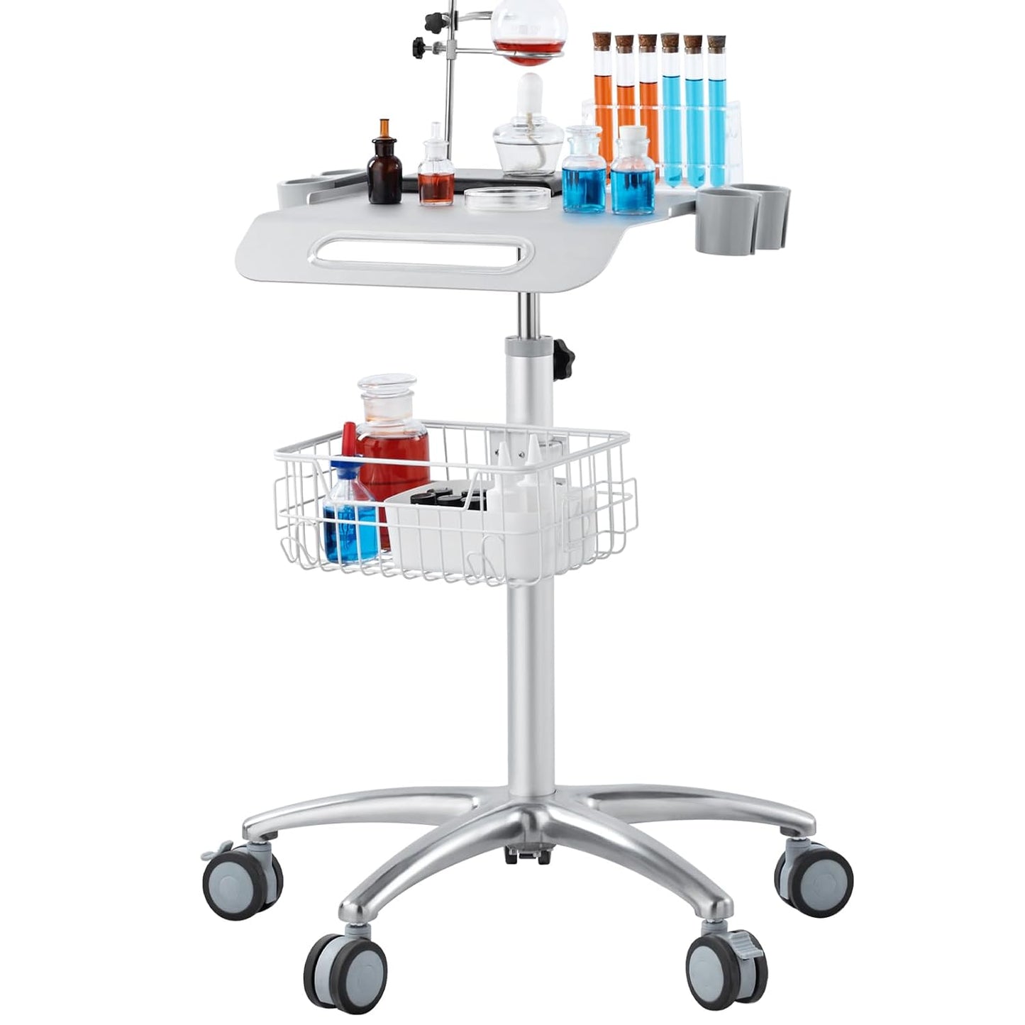 VEVOR Medical Trolley - Height Adjustable Stainless Steel Rolling Cart with Storage Basket | 19" x 17" Tabletop for Ultrasound, Dental, EKG, Lab