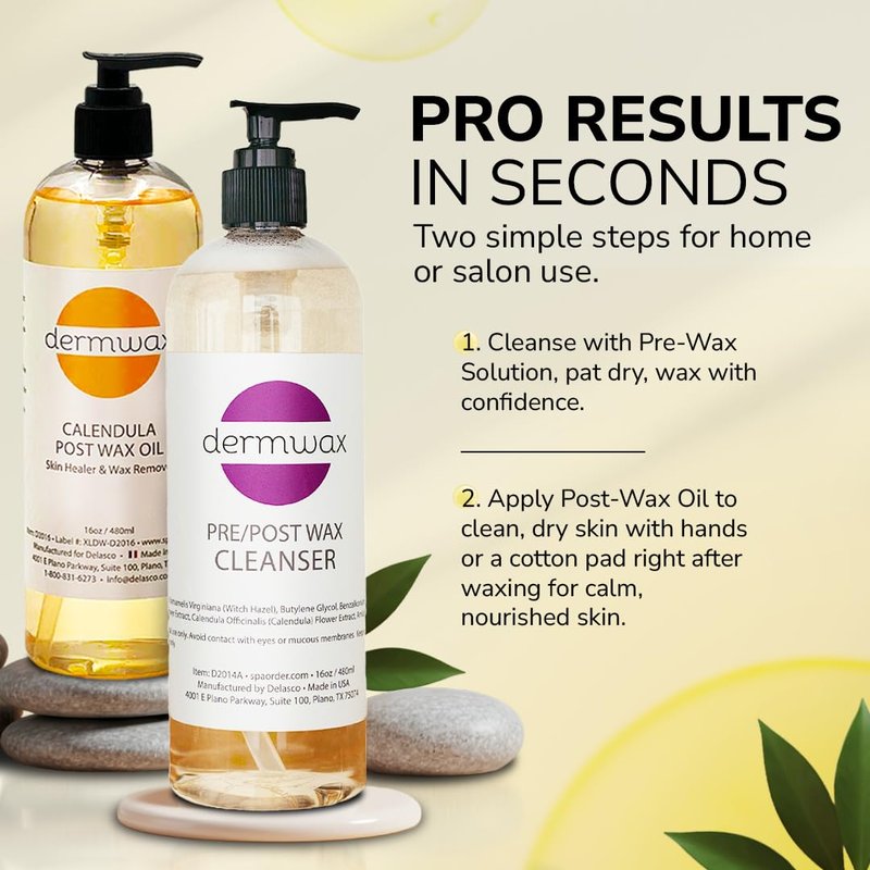 Dermwax Pre and Post Wax Care Kit – Complete Prep & Aftercare in One Set – Cleanser Removes Oils & Residue – Calendula Oil Calms & Nourishes Skin – Gentle, Paraben-Free Formulas