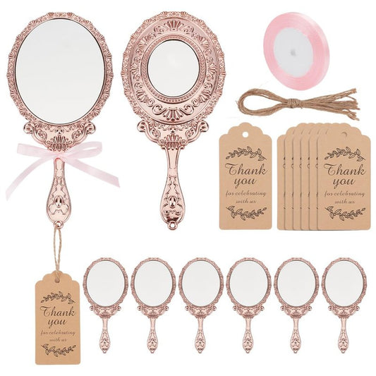 PH PandaHall Vintage Handheld Mirror 8 Sets Double Sided Hand Mirror Rose Gold Compact Mirrors Makeup Mirrors with Ribbon and Thank You Tags for Party Favors Wedding Birthday Guest Return Travel Home