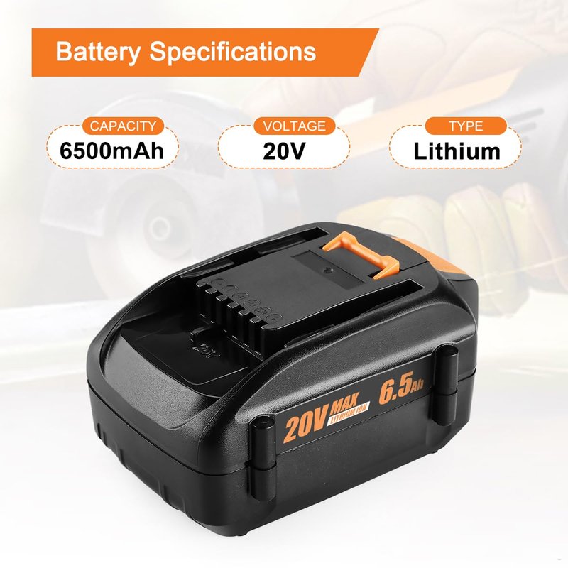 Ahomtikk 20V 6.5Ah High-Capacity Battery Replacement for Worx Battery 20V PowerShare WA3578 WA3674 WA3575 WA3525 WA3520 WG155s WG251s WG890 WG891 Compatible with Worx 20 Volt Cordless Tools (2 Pack)