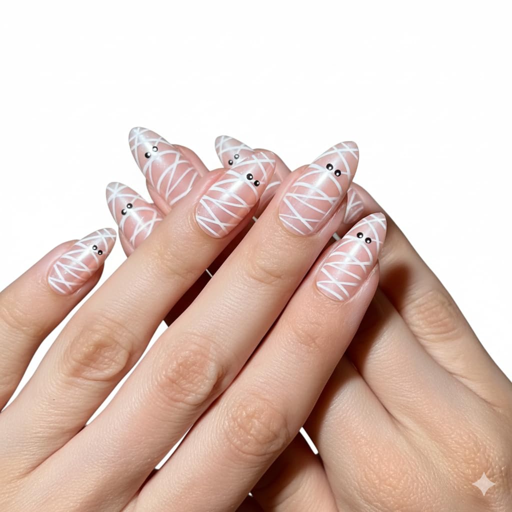 Press On Nails - Mummy Glaze Halloween Almond Fake Nails | 30 Reusable Salon Quality Nails in 15 Sizes with Glue